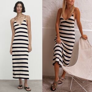 Striped Cream and Black Midi Slip Dress